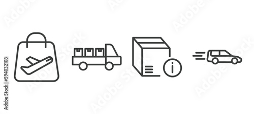 set of delivery and logistics thin line icons. delivery and logistics outline icons included duty free, cargo, delivery info, by car vector.
