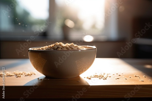 Bowl of porridge on a table with kitchen in the background. Generative AI