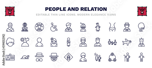 set of people and relation thin line icons. people and relation outline icons such as kidnapping, vitruvian man, old woman, throat, male user, dutch, identification ard, zorro, sexual harassment,