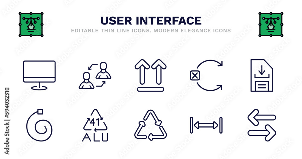 set of user interface thin line icons. user interface outline icons such as exchange personel, up side, no tittling, download data, spiral tool, 41 alu, recycable, gap, opposite directions vector. - obrazy, fototapety, plakaty 