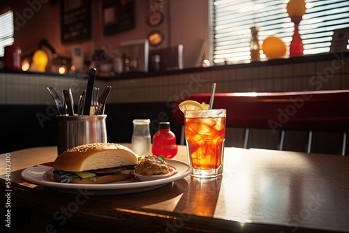 Drinks and food on a table with a kitchen in the background. Generative AI