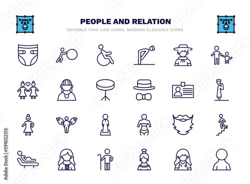 set of people and relation thin line icons. people and relation outline icons such as baby diaper, handicapped, argentina, amazonian, identification ard, grace, beard, norwegian, spanish woman, male