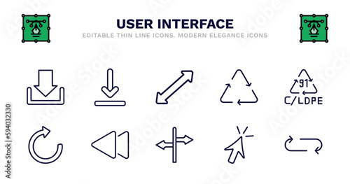 set of user interface thin line icons. user interface outline icons such as download arrow, scale arrows, recycle, 91 c/ldpe, refresh arrows, rewind, crossroads, mouse clicker, loop arrow vector.