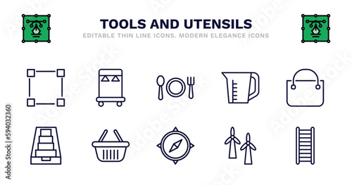 set of tools and utensils thin line icons. tools and utensils outline icons such as clothes rack, dining, pitcher with levels, bag with big handle, tray for papers, empty shopping basket, cardinal