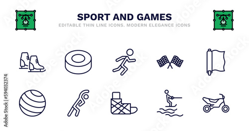 set of sport and games thin line icons. sport and games outline icons such as hockey puck, man sprinting, chequered flag, foil, gym ball, stretching, sprained ankle, jet surfing, motocross vector.
