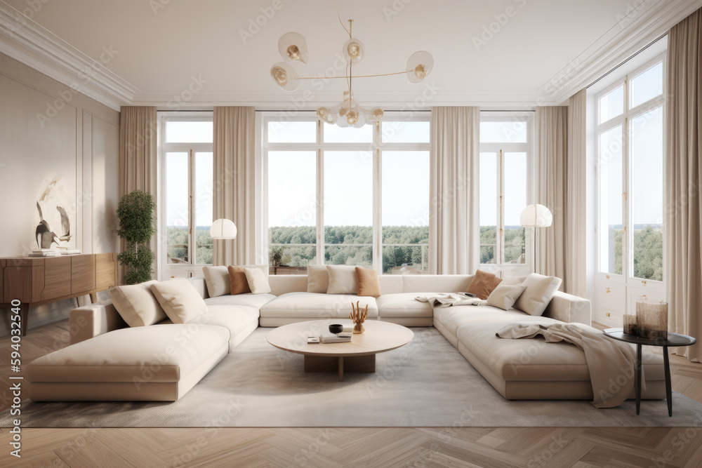 Fototapeta premium Modern living room, white furniture, floor-to-ceiling window,, minimalist staging, AI Generative
