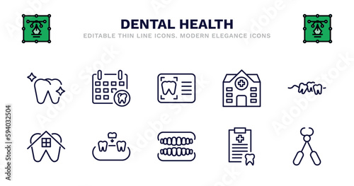 set of dental health thin line icons. dental health outline icons such as dental appointment, monitor, clinic, malocclusion, house, overdenture, dentures, medical list, tooth pliers vector.