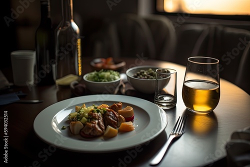 Drinks and food on a table with a kitchen in the background. Generative AI