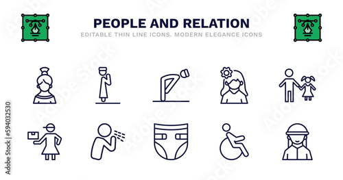 set of people and relation thin line icons. people and relation outline icons such as takbir, ruku, woman with flower, father and daughter, delivery woman, cough, baby diaper, handicapped, bedouin