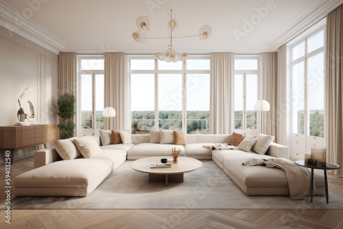Modern living room  white furniture  floor-to-ceiling window   minimalist staging  AI Generative