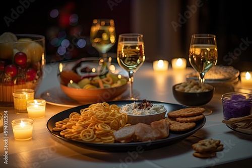 Drinks and food on a table with a kitchen in the background. Generative AI