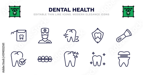 set of dental health thin line icons. dental health outline icons such as male nurse, breath, dental protection, scraping, checkup, brackets, holed tooth, white teeth, molar crown vector.