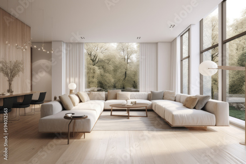 Modern living room  white furniture  floor-to-ceiling window   minimalist staging  AI Generative