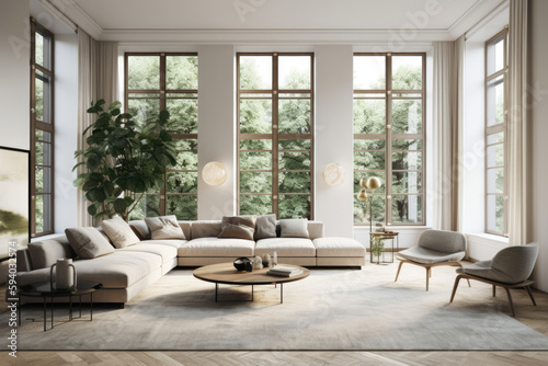 Modern living room  white furniture  floor-to-ceiling window   minimalist staging  AI Generative