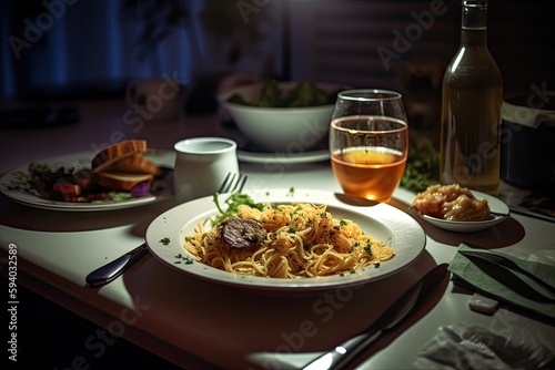Drinks and food on a plate. Generative AI