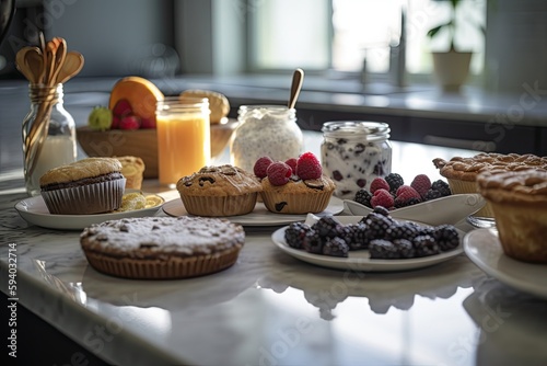Cake and cupcakes on plates with kitchen in background. Generative AI