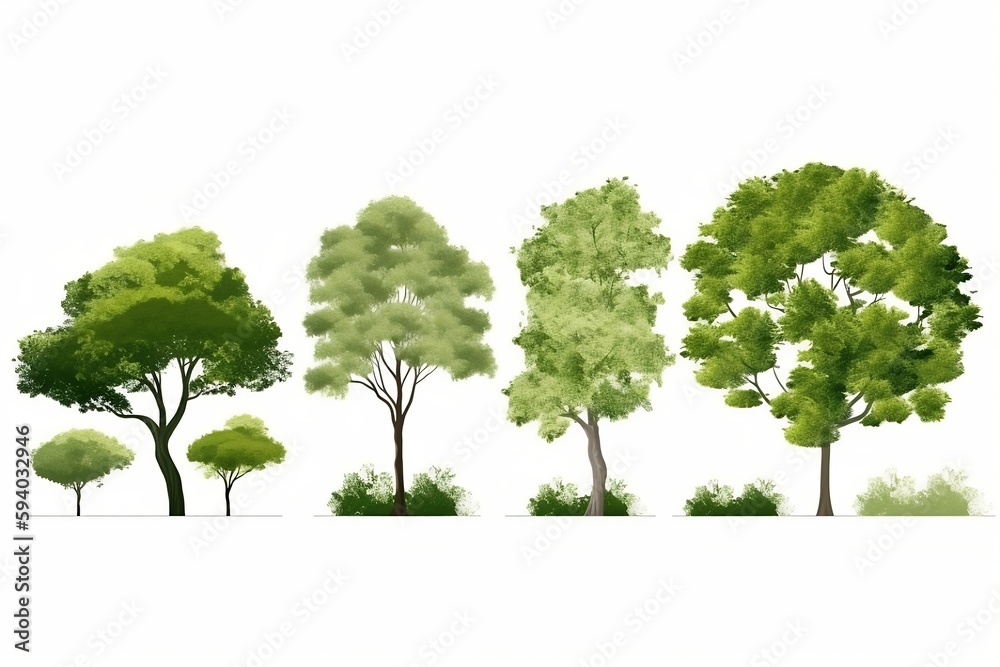 Fototapeta premium Collection of abstract green tree side view isolated on white background. generative ai illustrations