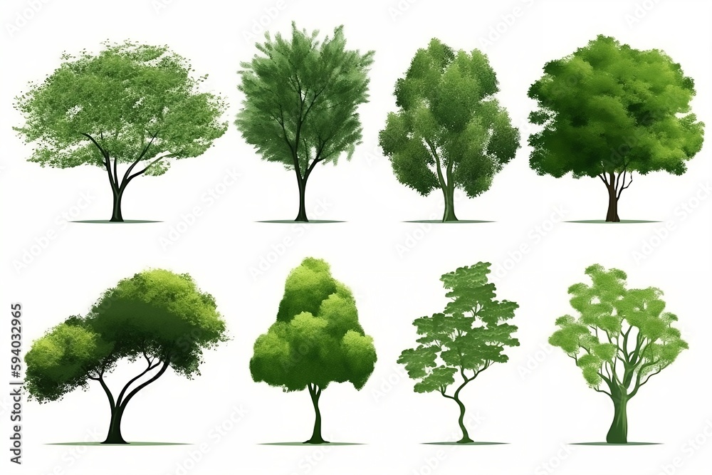 Fototapeta premium Collection of abstract green tree side view isolated on white background. generative ai illustrations