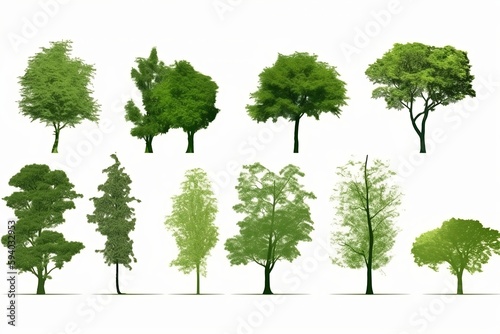 Collection of abstract green tree side view isolated on white background. generative ai illustrations
