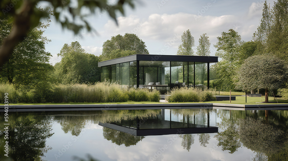 Obraz premium Modern summer house by the lake, glass and steel architecture, minimalist garden, serene and luxurious, generative AI