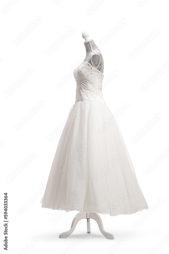 Side shot of a white wedding dress on a mannequin doll
