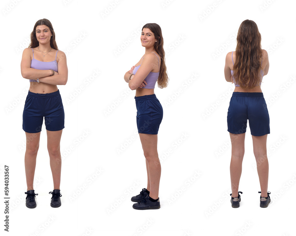 front ,side and view of a young girl standing with arms crossed on white background front ,side and view of a young girl standing with arms crossed on white background