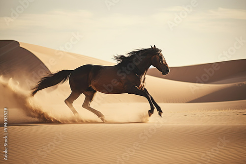 Beautiful chestnut horse galloping through the desert. Generative AI.