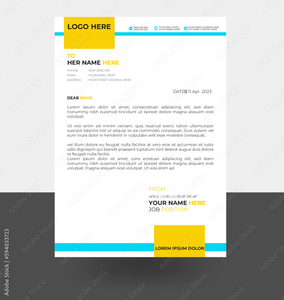 Modern Creative & Clean business style letterhead of your corporate project design. set to print with vector & illustration. corporate letterhead.
Letterhead Layout with Yellow and blue color