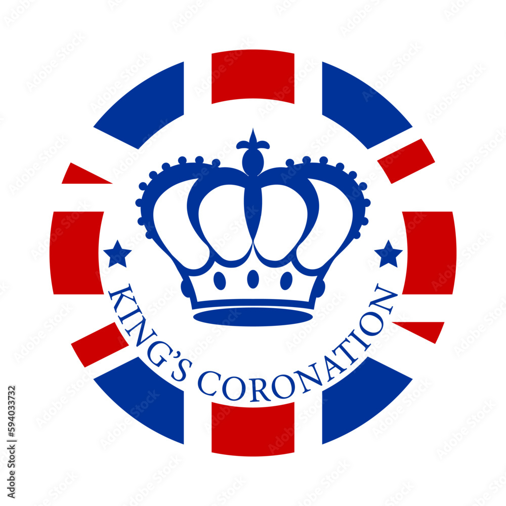 Royal crown in flat style on a round british flag background with text King's coronation. Badge, emblem, logo in honor of the coronation of the new King of England. Vector illustration. - obrazy, fototapety, plakaty 