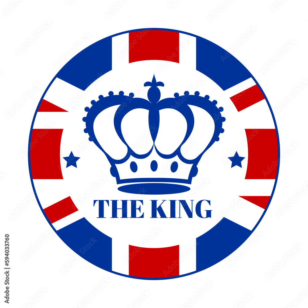 Fototapeta premium A round badge emblazoned with the British flag, a royal crown and the word The King. Poster, postcard, emblem, logo in honor of the coronation of the new king of England. Vector illustration.