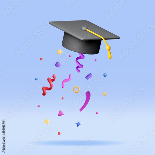3D Graduation Hat in Air with Confetti Isolated. Render Graduation Cap in Confetti. Concept of Education. College or University Ceremony. Bachelor Party. Vector Illustration