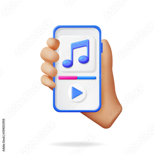 3D Hand with Music Cloud Note in Mobile Phone. Render Smartphone Streaming Music Platform Icon. Modern Music Service. Note Realistic Design. Musical Note, Sound Song or Noise Sign. Vector illustration