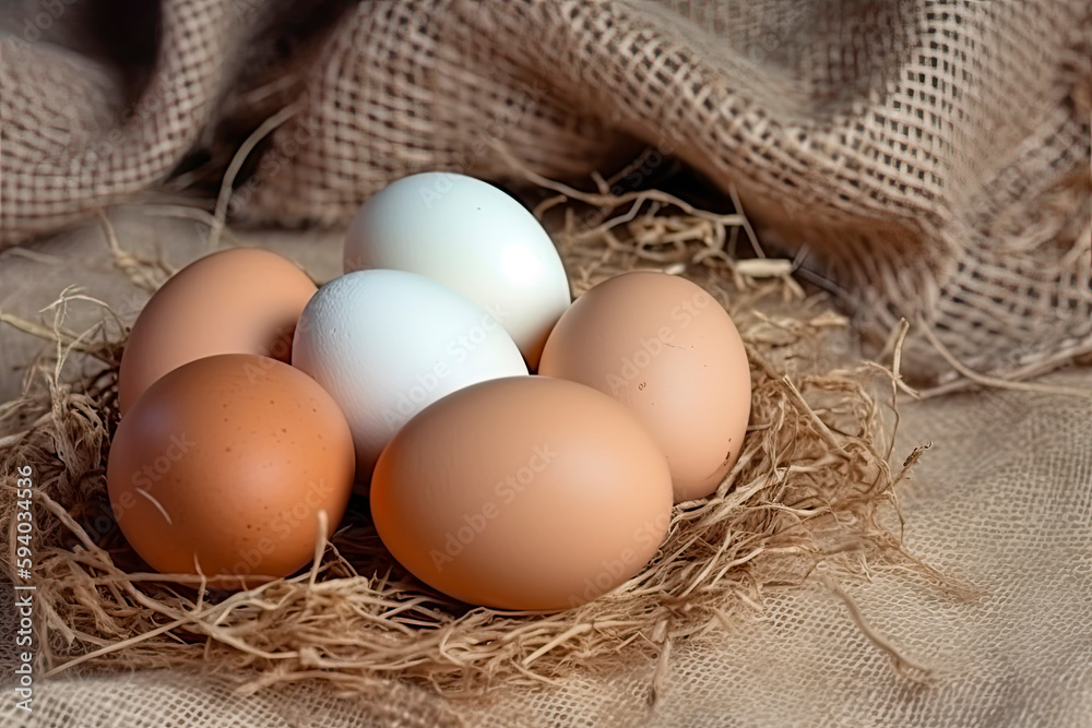 Chicken white eggs on burlap. Generative AI Chicken white eggs on burlap. Generative AI