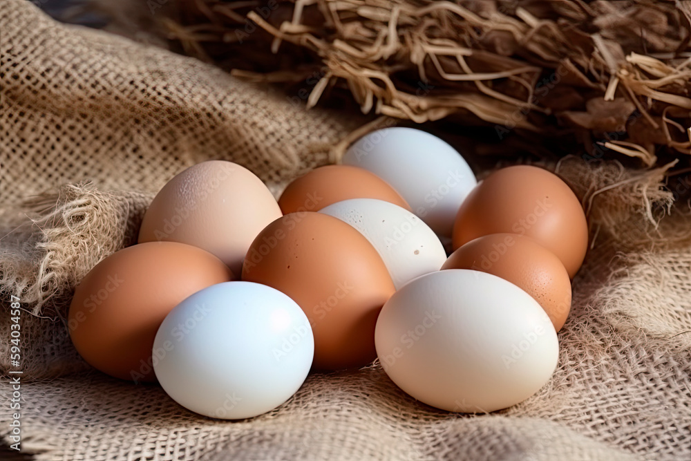 Chicken white eggs on burlap. Generative AI Chicken white eggs on burlap. Generative AI
