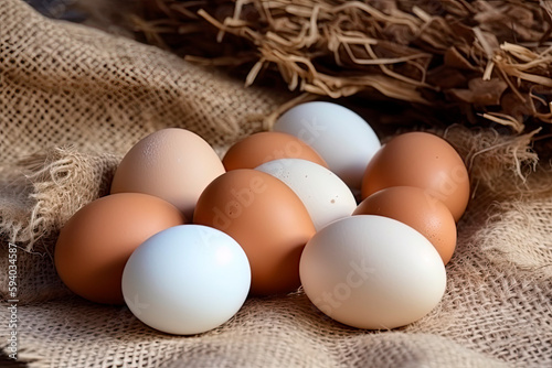 Chicken white eggs on burlap. Generative AI