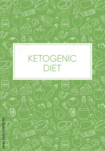 Ketogenic diet. Cover with Line icons on green background