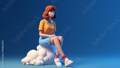 Illustration of a girl sitting on a cloud thoughtfully. Generative AI