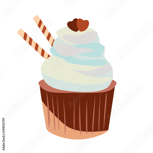 Cupcake with cookies tubes and hearts. Vector flat illustration. Muffin with whipped cream. Cartoon style. For birthday cards, invitations.