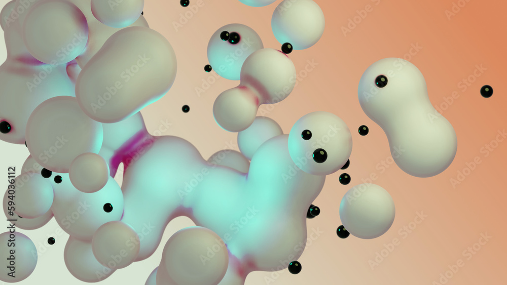 Liquid fluid dynamic abstract animated white metaball floating spheres blobs drops bubbles in transition deformation beige background with black little pearls 3d render for presentation business adds Liquid fluid dynamic abstract animated white metaball floating spheres blobs drops bubbles in transition deformation beige background with black little pearls 3d render for presentation business adds