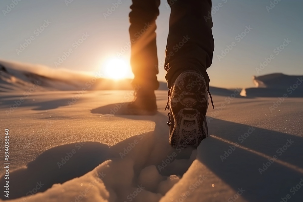 Reaching out to the sunset. Snowy mountain. Lonely Hiker