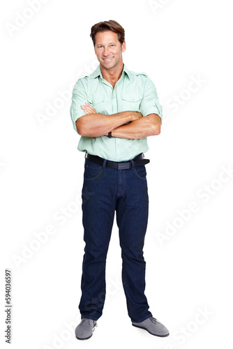 Portrait, smile and man with arms crossed, mindset and guy isolated against a transparent studio background. .Face, happy male model and mature person with happiness, goals and target on png backdrop