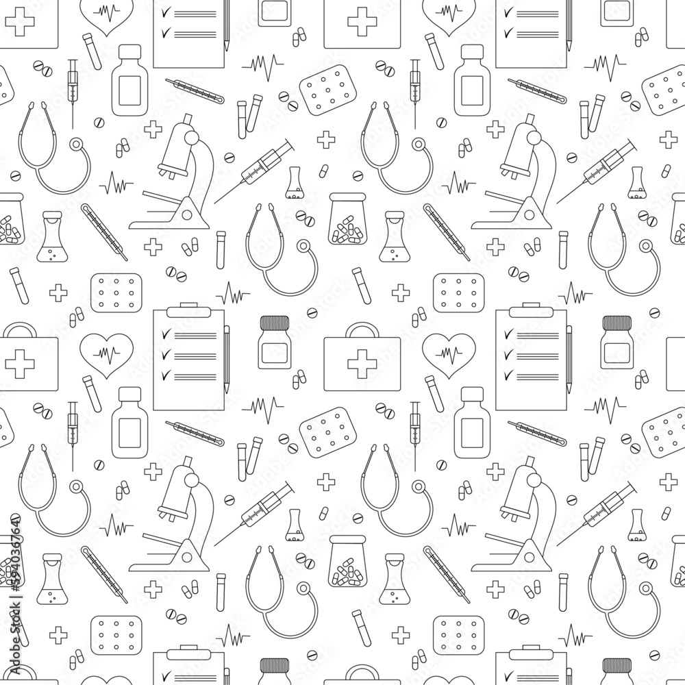 Medical black and white seamless pattern, clinic vector illustration. Hospital thin line icons - thermometer, pills, microscope, tests, drugs, syringe, stethoscope. Medical black and white seamless pattern, clinic vector illustration. Hospital thin line icons - thermometer, pills, microscope, tests, drugs, syringe, stethoscope.