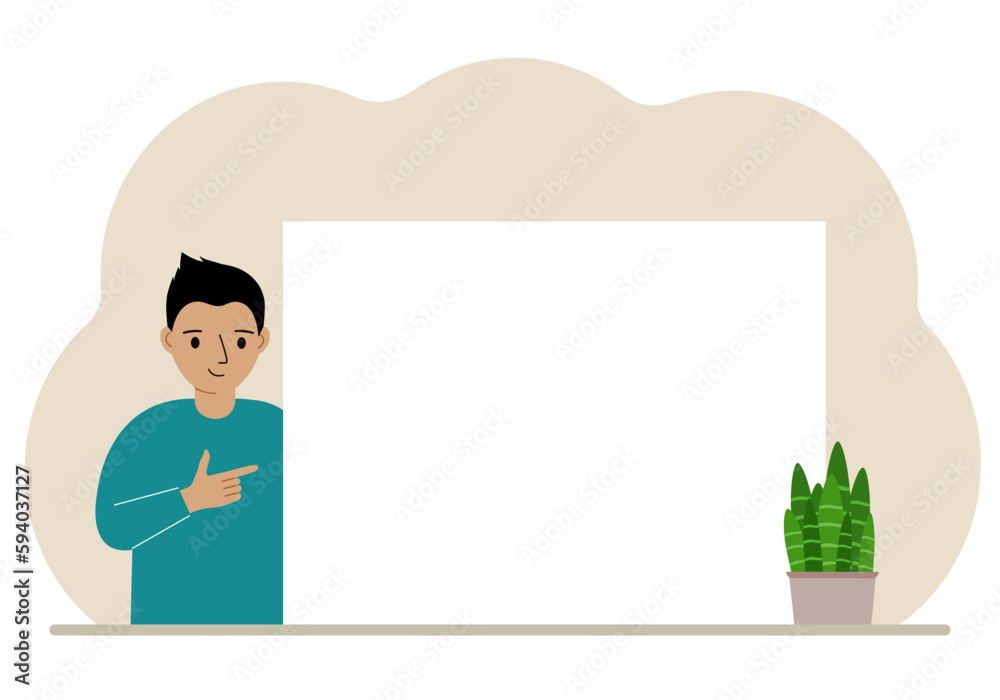 A boy points his finger at a clean large banner, a blank poster or a large white sheet of paper with space for text.
