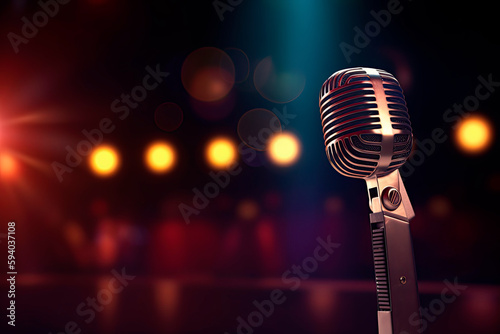 icrophone on stage. Close up of microphone setting on stand with colorful light bokeh background in conference hall photo