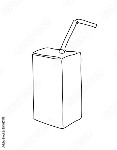 Pack of juice with straw line. Paper box milk container outline icon isolated on white background. Continuous one line drawing vector illustration