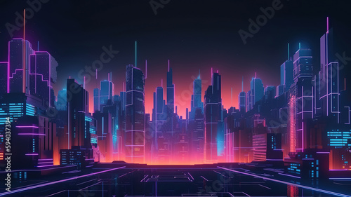 Neon night landscape with a futuristic city in the style. Generative Ai
