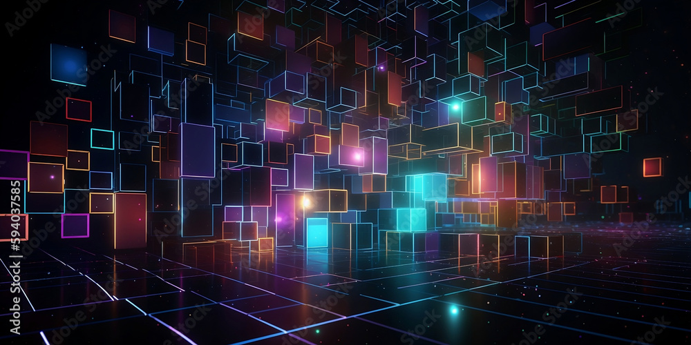 Background lines and cubes, lights and colors, futuristic