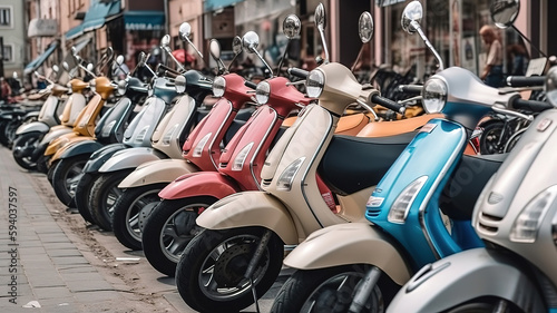 Motorcycles for rent or for sale on the city street. Generative Ai