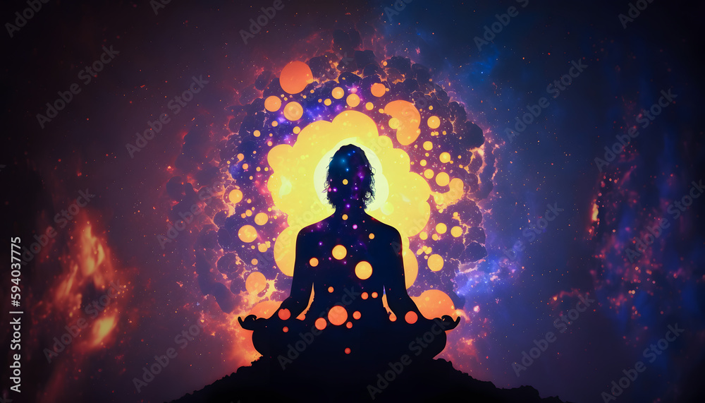 Astral yoga silhouette of human in cosmic space meditate. Back view man practicing transcendental spiritual meditation. Generation AI Astral yoga silhouette of human in cosmic space meditate. Back view man practicing transcendental spiritual meditation. Generation AI