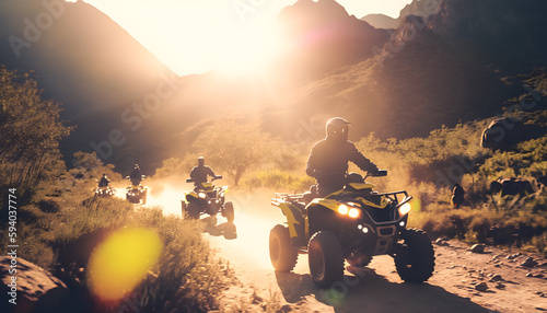 Group people riding atv vehicle on offroad track in touristic tour, sun light. Generation AI